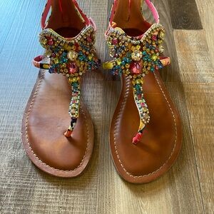 Gianni Bini Multicolor Jeweled T-Strap Sandals with Brown Footbed